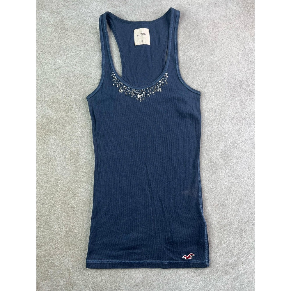 Y2K Hollister Sequin Rhinestone Ribbed Racerback Tank Top Navy SoCal Stretch M